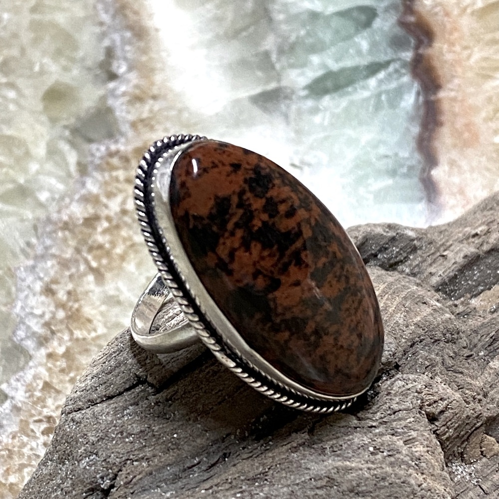 Mahogany Obsidian Gemstone Statement Ring, .925 Sterling Silver overlay. - Picture 2 of 6